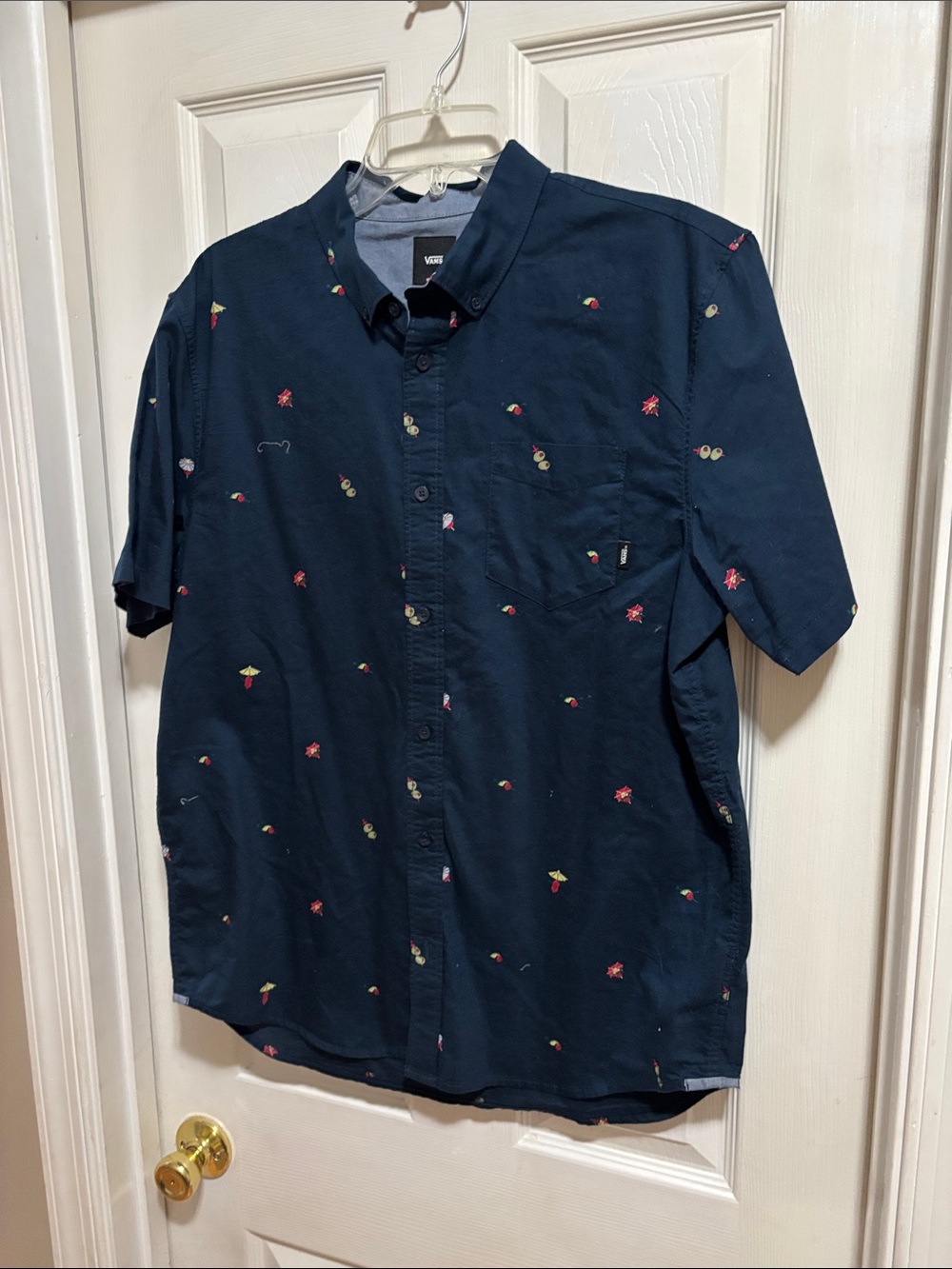Vans Navy Short Sleeve Button-Up Shirt with Tiny Multicolor Motifs